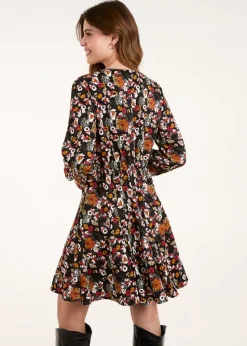 Blue Vanilla Black Tie Front Blouson Godet Dress