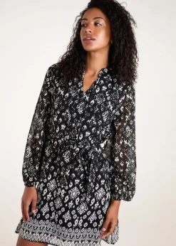 Blue Vanilla Black Tie Neck & Waist Mini Smock Dress