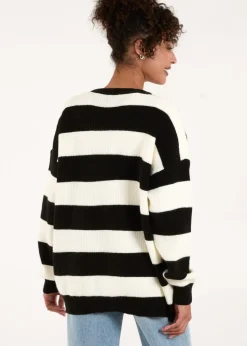 Blue Vanilla Black/White Stripe V Neck Cardigan