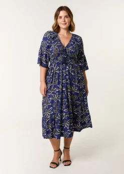 Blue Vanilla Blue Curve Elasticated V Neck Tassel Tie Midi Dress