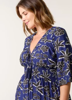 Blue Vanilla Blue Curve Elasticated V Neck Tassel Tie Midi Dress