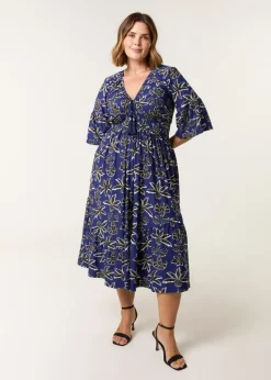 Blue Vanilla Blue Curve Elasticated V Neck Tassel Tie Midi Dress