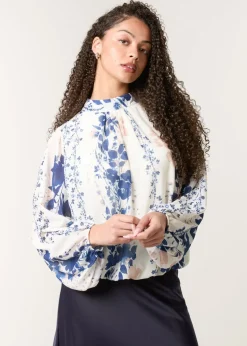 Blue Vanilla Blue Floral High Neck Puff Ball Blouse