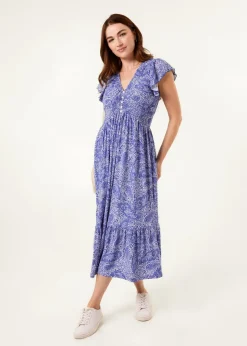 Blue Vanilla Blue Frill Sleeve V Neck Button Front Midi Dress