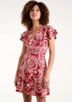 Blue Vanilla Burgundy Paisley Wrap Front Ruffle Sleeve Mini Dress