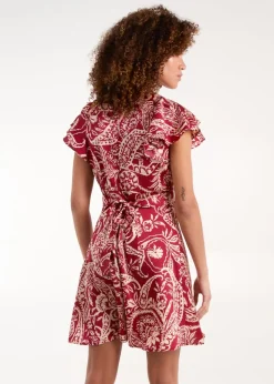 Blue Vanilla Burgundy Paisley Wrap Front Ruffle Sleeve Mini Dress