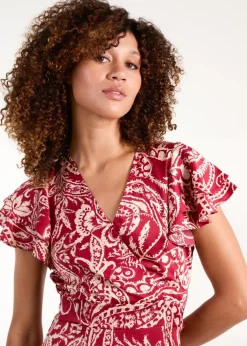 Blue Vanilla Burgundy Paisley Wrap Front Ruffle Sleeve Mini Dress