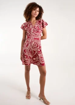 Blue Vanilla Burgundy Paisley Wrap Front Ruffle Sleeve Mini Dress