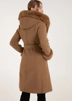 Blue Vanilla Camel Faux Fur Trim Double Breasted Coat