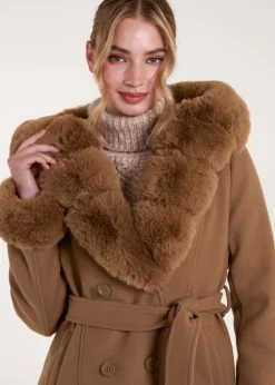 Blue Vanilla Camel Faux Fur Trim Double Breasted Coat