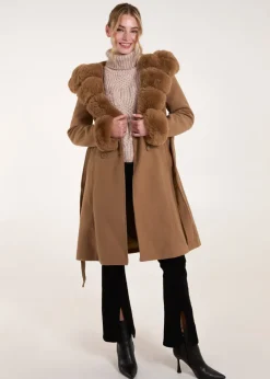 Blue Vanilla Camel Faux Fur Trim Double Breasted Coat