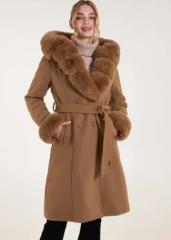 Blue Vanilla Camel Faux Fur Trim Double Breasted Coat
