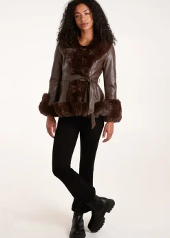 Blue Vanilla Chocolate Faux Fur PU Coat With Belt
