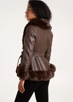 Blue Vanilla Chocolate Faux Fur PU Coat With Belt