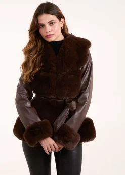 Blue Vanilla Chocolate Panel Fur PU Belted Coat