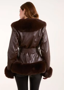 Blue Vanilla Chocolate Panel Fur PU Belted Coat
