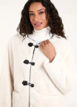 Blue Vanilla Cream Collarless Toggle Detail Fur Jacket