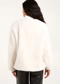 Blue Vanilla Cream Collarless Toggle Detail Fur Jacket