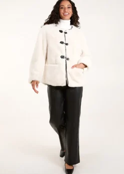 Blue Vanilla Cream Collarless Toggle Detail Fur Jacket
