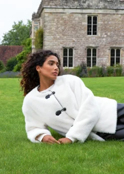 Blue Vanilla Cream Collarless Toggle Detail Fur Jacket