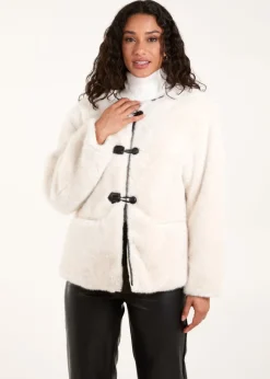 Blue Vanilla Cream Collarless Toggle Detail Fur Jacket