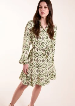 Blue Vanilla Green Long Sleeve Belted Shirt Mini Dress