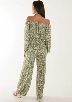 Blue Vanilla Green Off The Shoulder Top And Wide Leg Trouser Set