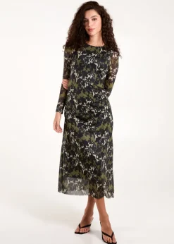 Blue Vanilla Green Ruched Mesh Midi Dress