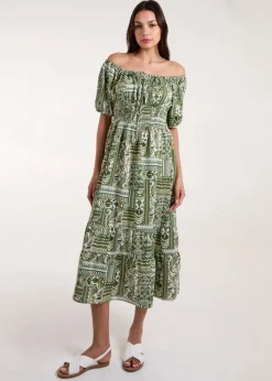 Blue Vanilla Green Scoop Neck Paisley Midi Dress