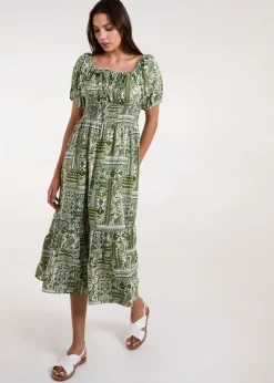 Blue Vanilla Green Scoop Neck Paisley Midi Dress