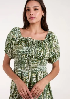 Blue Vanilla Green Scoop Neck Paisley Midi Dress