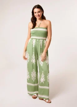 Blue Vanilla Green Strapless Shirred Waist Jumpsuit