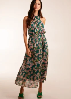 Blue Vanilla Green Wrap Halter Neck Pleated Midi Dress