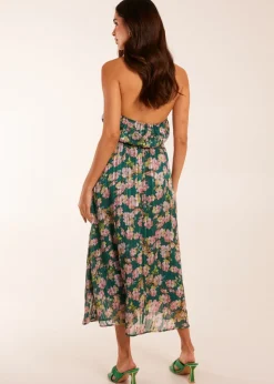 Blue Vanilla Green Wrap Halter Neck Pleated Midi Dress