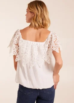 Blue Vanilla Ivory Crochet Lace Puff Ball Top