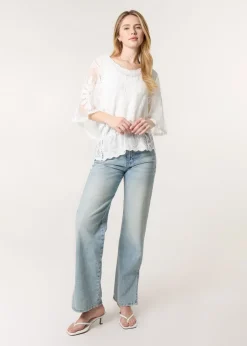 Blue Vanilla Ivory Sun Flower Lace Sleeve Blouse