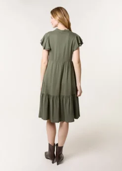 Blue Vanilla Khaki Angel Sleeve Button Front Midi Dress