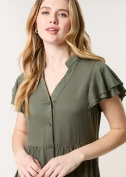 Blue Vanilla Khaki Angel Sleeve Button Front Midi Dress