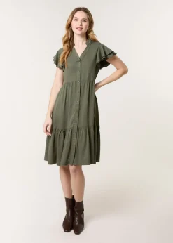 Blue Vanilla Khaki Angel Sleeve Button Front Midi Dress