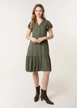 Blue Vanilla Khaki Angel Sleeve Button Front Midi Dress