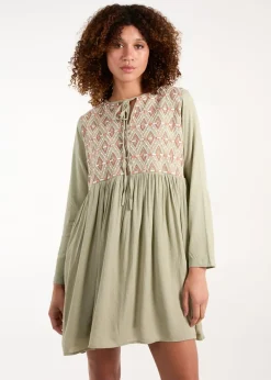 Blue Vanilla Khaki Embroidered Tunic Dress