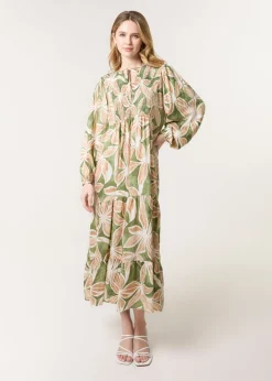 Blue Vanilla Khaki Floral Print Long Dress