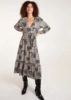 Blue Vanilla Khaki Geometric Wrap Front Belted Midi Dress