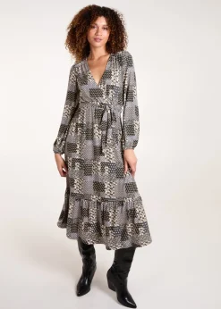 Blue Vanilla Khaki Geometric Wrap Front Belted Midi Dress