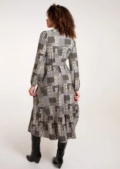 Blue Vanilla Khaki Geometric Wrap Front Belted Midi Dress