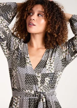 Blue Vanilla Khaki Geometric Wrap Front Belted Midi Dress