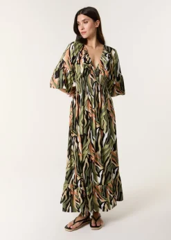 Blue Vanilla Khaki Tropical Print Elasticated Neck Shirred Waist Maxi Dress