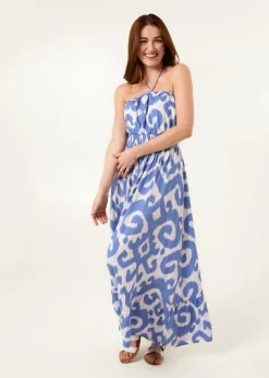 Blue Vanilla Light Blue Bandeau Printed Shirred Waist Maxi Dress