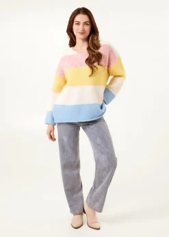 Blue Vanilla Multi Colourful Stripped V Neck Jumper