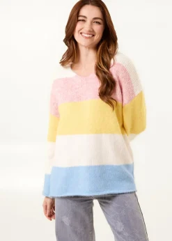 Blue Vanilla Multi Colourful Stripped V Neck Jumper